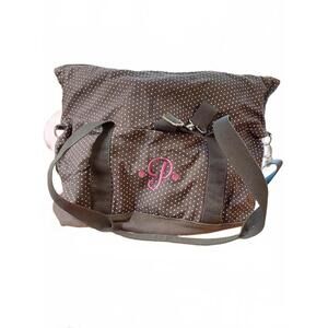 Thirty-One Gifts Large Utility Tote – Gray Polka Dot with Pink “P” Monogram